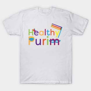 Colorful healthy Purim greeting with grogger, mask, clown hat and face mask T-Shirt